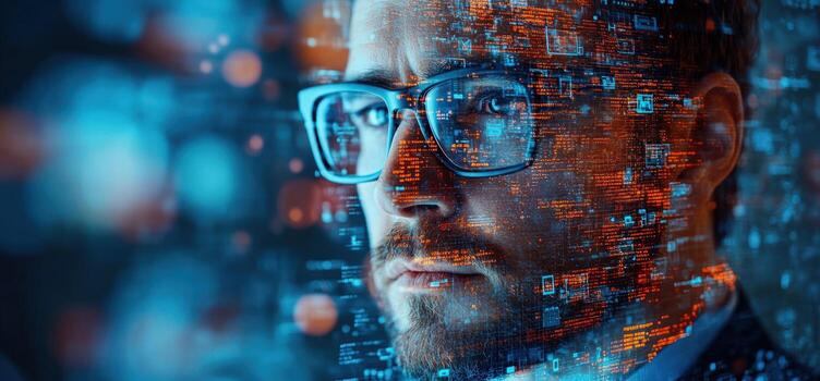 Technological integration digital data overlay on a person photo