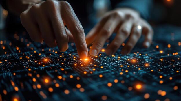 mano interactuando con tecnología en iluminado circuito tablero interfaz foto