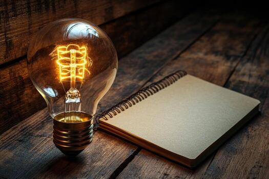 Glowing lightbulb beside open notebook on rustic wood surface idea concept photo