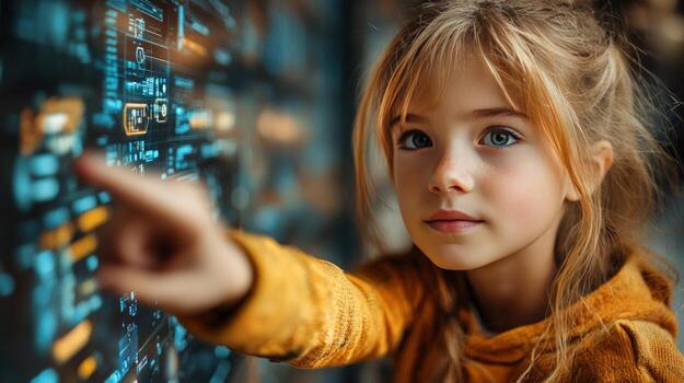 Child interacting with digital interface displaying abstract graphics for learning and technology concepts photo