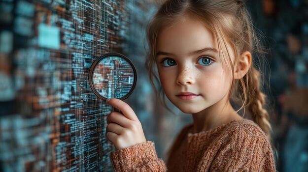 Child analyzing data with magnifying glass on digital display technology photo