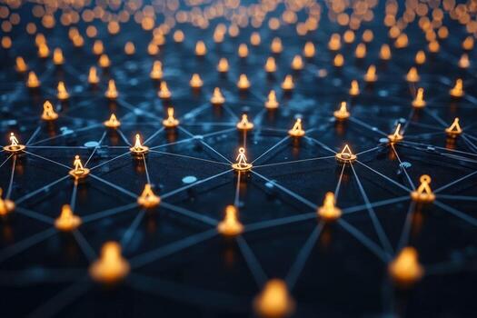 Interconnected network of glowing figures representing global technology and communication system photo