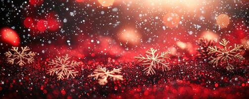 festivo oro copos de nieve en contra un rojo reluciente antecedentes foto