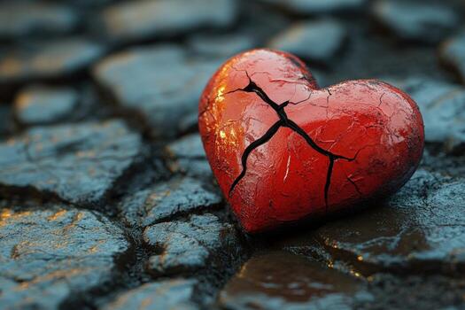 Cracked red heart on stone surface symbolizing emotional vulnerability and resilience photo