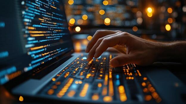 Typing code on laptop keyboard at night for programming or software development photo