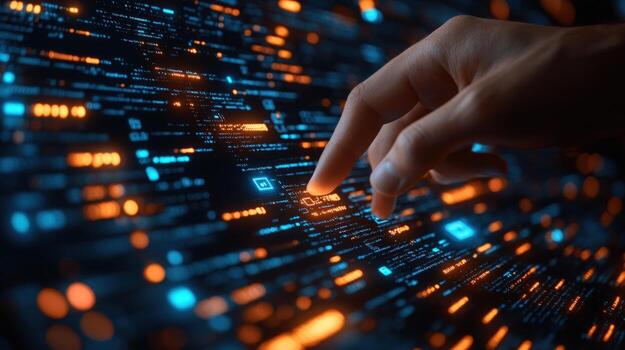 Hand touch digital interface with glowing computer system and data screen highlighting modern technology photo