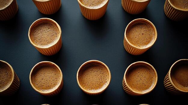 Coffee cups array overhead view pattern photo