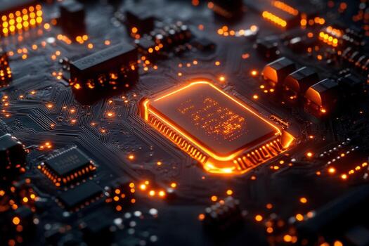 Computer circuit board with glowing cpu microchip technology photo