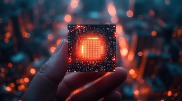 Microchip held in hand technology innovation and computer hardware photo