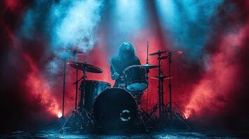 silueta de batería ejecutando en concierto con dramático rojo y azul etapa Encendiendo foto