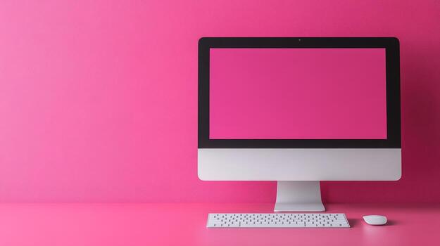Computer desktop setup on pink background for technology and business use photo