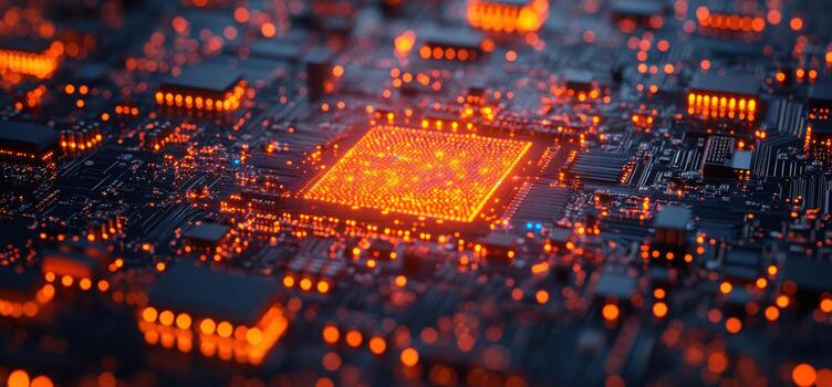 Electronic circuit board with glowing central processor unit computer technology photo