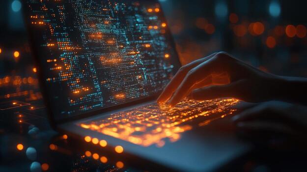 Digital network on laptop computer with glowing keyboard for technology and connectivity concepts photo