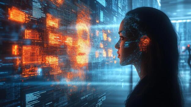 Futuristic interface with digital data overlay connecting human and machine photo