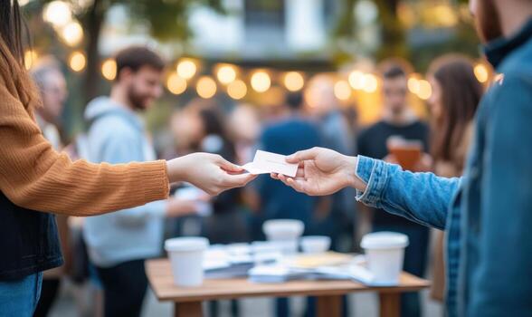 Business card exchange at outdoor networking event connecting people photo