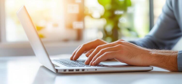 Typing on laptop computer keyboard for business and technology concepts photo