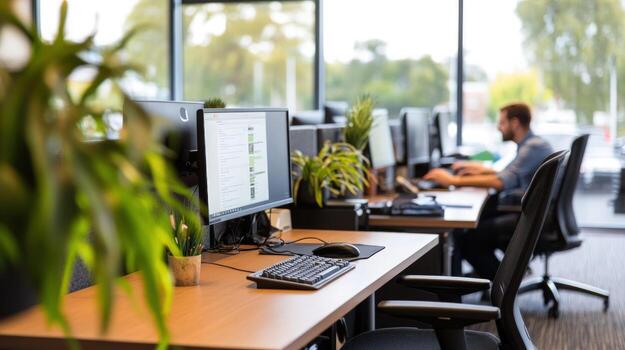 Office workspace with computer and employee in blurred background photo
