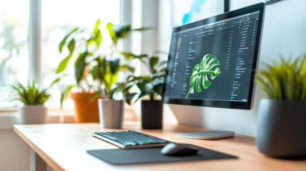 Modern workspace with a computer, keyboard, mouse, and potted plants. photo