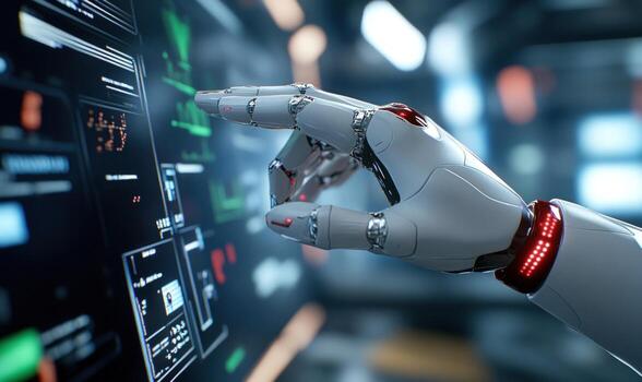 A robotic hand interacts with a digital display in a futuristic setting. photo