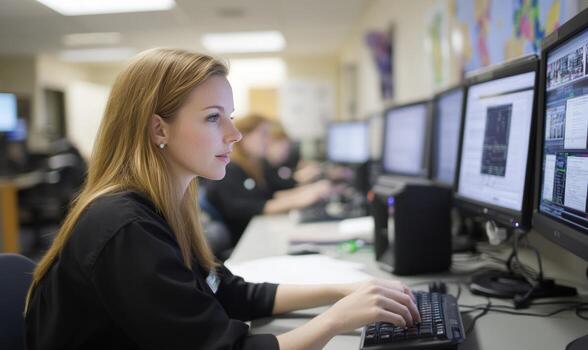 A young woman sits at a computer in a computer lab, typing on a keyboard. She is focused on her work and appears to be engrossed in what she is doing. photo