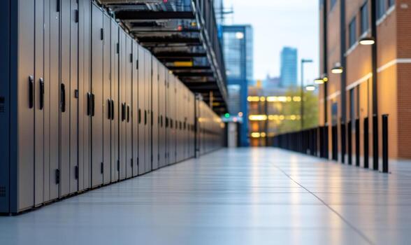 Empty corridor with rows of data servers in a modern data center. photo
