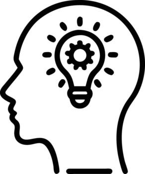 Line Icon of Human Head with Gears and Lightbulb art Symbol for Creativity, Innovation, and Problem-Solving Ideas vector
