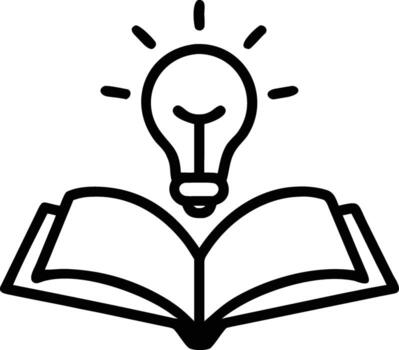 Black and White Line Art Icon of Open Book with Light Bulb Minimal art for Knowledge, Education, and Idea Concepts vector