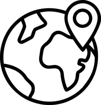 Black and White Line Art Icon of Globe with Location Pin Minimal art for Travel, Navigation, and Global Concepts vector