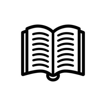 Open book icon illustration with black outline and pages visible on white background vector