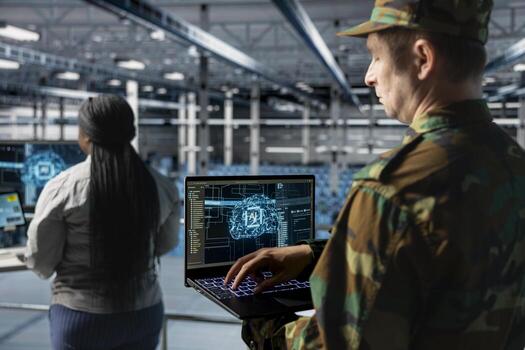 Close up of army tech expert in data center conducting threat simulations using AI networks. Server farm worker using artificial intelligence supporting digital operations photo