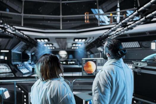 Team of cosmonauts in spaceship exploring deep space, doing Mars expedition for future of mankind. Space station colleagues exploring red planet to support human life beyond Earth photo