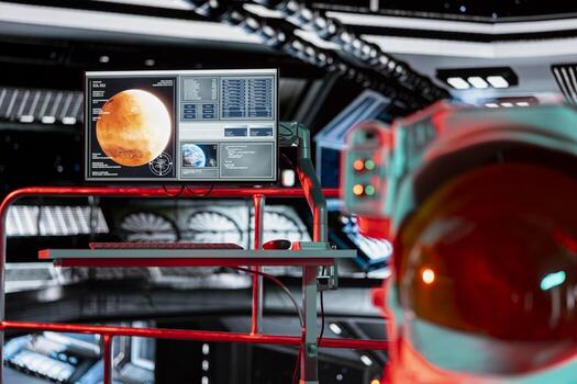 Red ambient light in spacecraft over Mars analysis displayed on screen. Futuristic spaceship cockpit control terminals showing planetary data during crewed mission to red planet photo