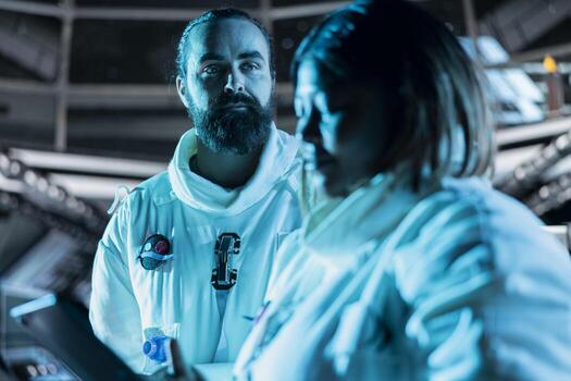 Cosmonauts flying in starship powered by advanced engineering during cosmic journey. Astronauts calibrating spaceship sensors, conducting safety checks using tablet during long distance space travel photo