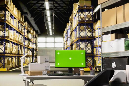Order processing station desk with copy space on a monitor in a fulfillment center, retail import export operations. Space for shipping labels, barcode tracking and inventory control systems. photo