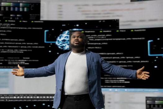 negro programador especialista atractivo en software desarrollo a un alto tecnología puesto de trabajo, enfocado en su pantalla. exhibiendo codificación vida, eso algoritmo, nube informática en el tecnología mundo. foto