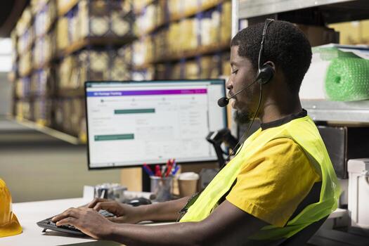 Male call center clerk assisting a person with order mix up problems, verifying parcel status on package tracking software in the warehouse facility. Customer service dispatch support. photo