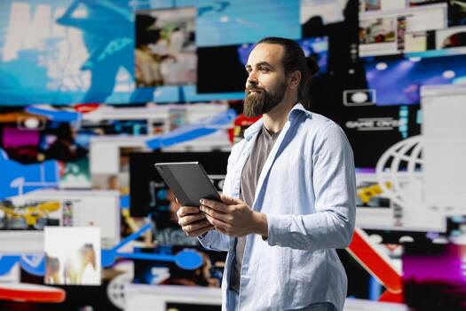 Digital lifestyle of a trend setter navigating real time notifications, enjoying live stream interaction and creative content in a modern virtual social network environment. Online presence. photo