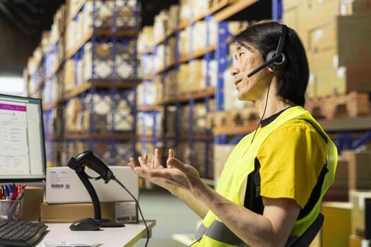 Asian employee answering calls from clients in a distribution hub, handling mix up problems and requests via customer service. Call center clerk troubleshooting parcel shipment. Logistics. photo