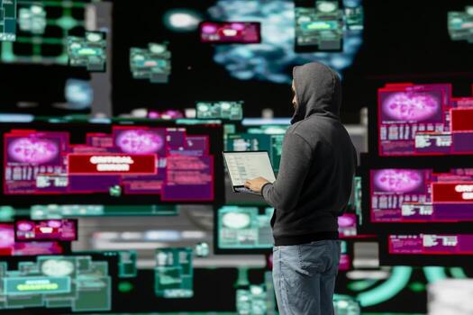 moderno eso agresor usos programación y sistema anular estrategia a lanzamiento malware y penetrar seguro acceso puntos. destacando ciber delito, hacker practicas hacktivismo con ai. foto