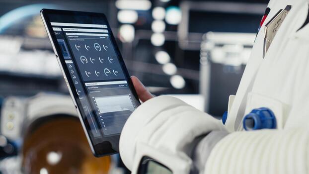 Close up of astronaut using tablet to check logs after completing red planet surface mission. Cosmonaut leaving Mars, updating flight log on device to return home photo