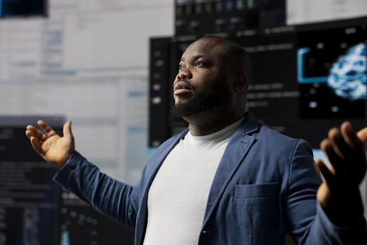 African American developer working in a cyber environment with AI programming language and data science. Technician symbolizes code development, automation for innovation. Tech world. photo