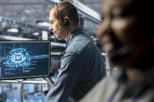Close up of server hub coworkers providing tech support after identifying hardware issues using predictive AI alerts. Data center admins coordinating IT maintenance tasks using AI guided procedures photo