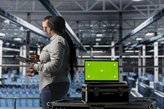 Team of data center admins using green screen notebook, testing, troubleshooting and repairing hardware. Server room coworkers walking in facility, doing brainstorming, using mockup laptop photo