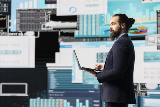 empresario lo hace datos impulsado planificación a construir un exitoso estrategia para global expansión y desarrollo. utilizando gráficos en proyecciones a guía su actuación ideas para crecimiento. foto