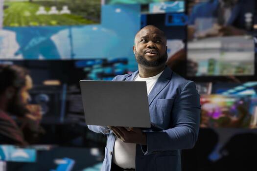 Young social media expert connecting on social network for trends on dashboard, showcasing user interface and digital web platforms. Power of technology, influence and internet presence. photo