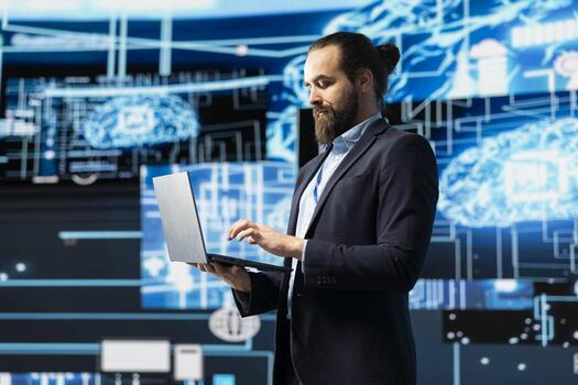 Engineer studying AI brain for data structures and predictive analytics, highlighting smart technology and machine learning for innovation and virtual intelligence. Algorithmic thinking. photo