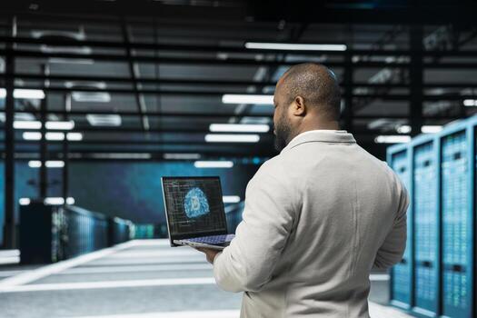 Admin in data center using artificial intelligence computing simulating human brain thought processes in computerized model. IT professional working with AI machine learning algorithms photo