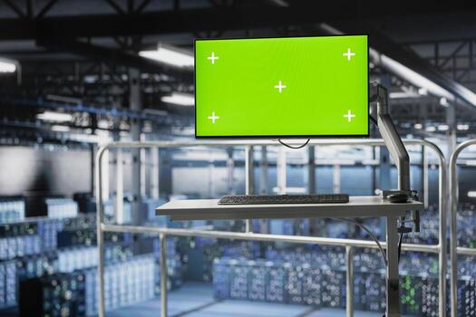 Server hub green screen monitoring systems and processing deep learning datasets for AI workflows. PC displays tracking hardware supporting artificial intelligence model development. photo