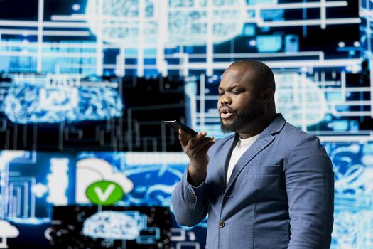 Tech entrepreneur talking on a phone call in a digital AI environment, representing predictive algorithms and deep learning platforms. Working on automation and intelligent cybernetics. photo