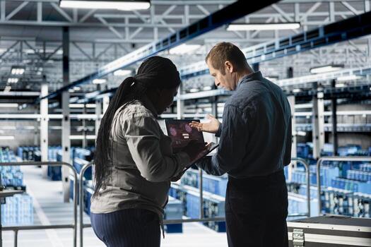 Team of data center technicians analyzing security breaches in firewall, trying to remove malware. Server farm coworkers doing brainstorming, removing virus spreading across hardware rigs photo